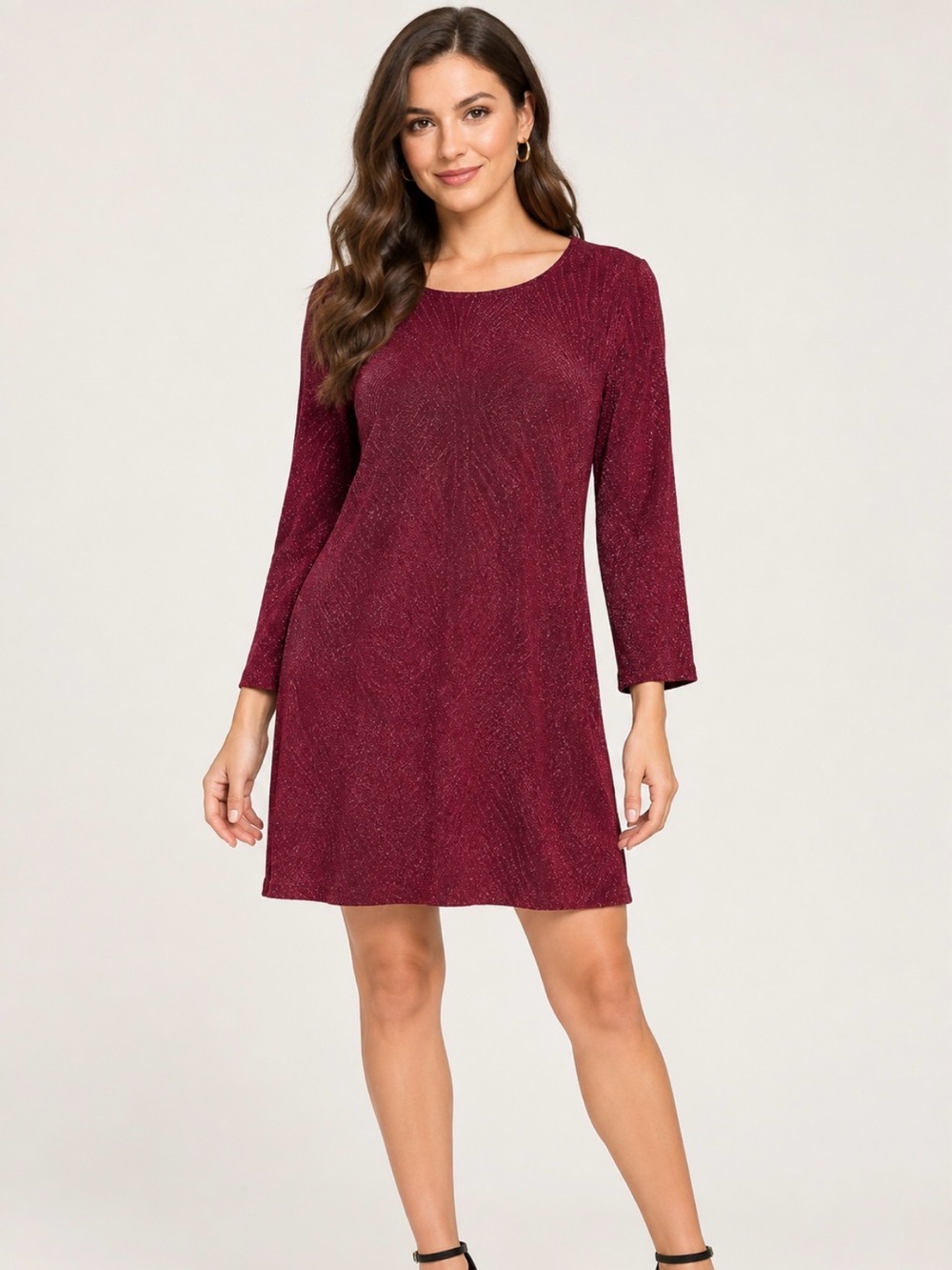 Trixxi Women's Long Sleeve Metallic Knit Shift Dress - Wine Size Large